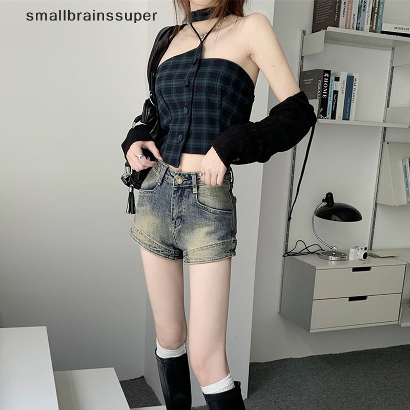 Quần Short Jean Lưng Cao Dáng Ôm Phong Cách Vintage Mỹ Thời Trang Mùa Hè Cho Nữ