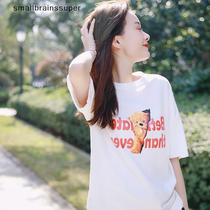 Áo Thun Ngắn Tay Cổ Tròn Dáng Rộng In Hình Gấu Hoạt Hình Thời Trang Mùa Hè Giản Dị Dành Cho Nữ SBS
