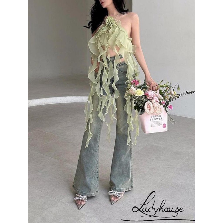 Áo Croptop Không Tay Hở Lưng Phối Tua Rua Màu Trơn Họa Tiết Hoa Thời Trang Mùa Hè Cho Nữ