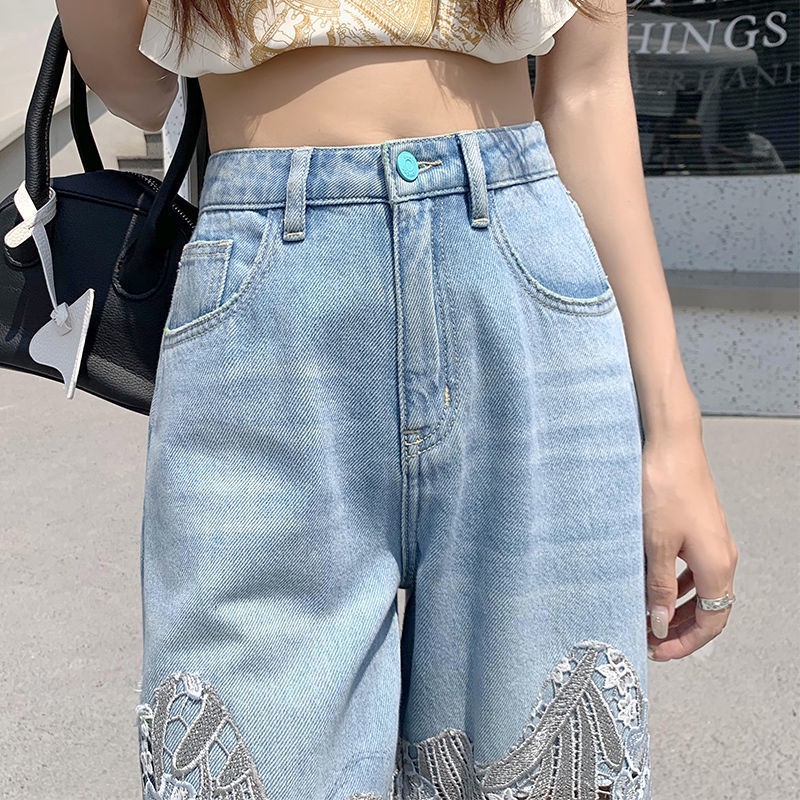Quần Denim Ống Rộng Lưng Cao Phối Ren Thời Trang Cho Nữ
