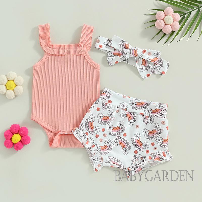 Bộ Áo Liền Quần Màu Trơn + Quần Sooc In Chữ / Cầu Vồng Xinh Xắn Thời Trang Mùa Hè Cho Bé Gái 0-18 Tháng Tuổi