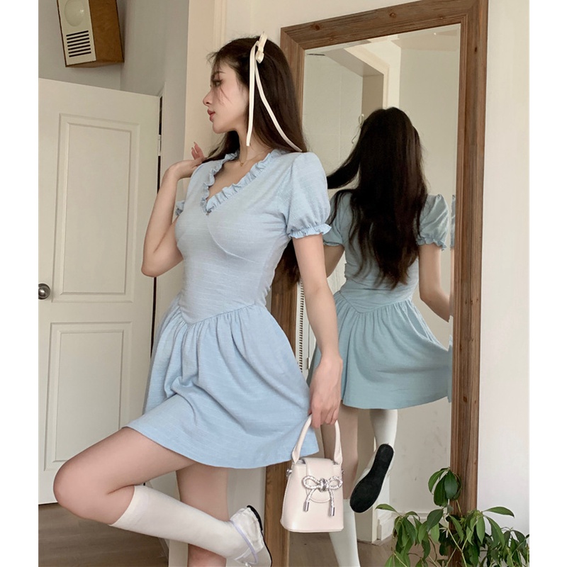 Đầm Mini Ngắn Tay Cổ Chữ V Xinh Xắn Dành Cho Nữ