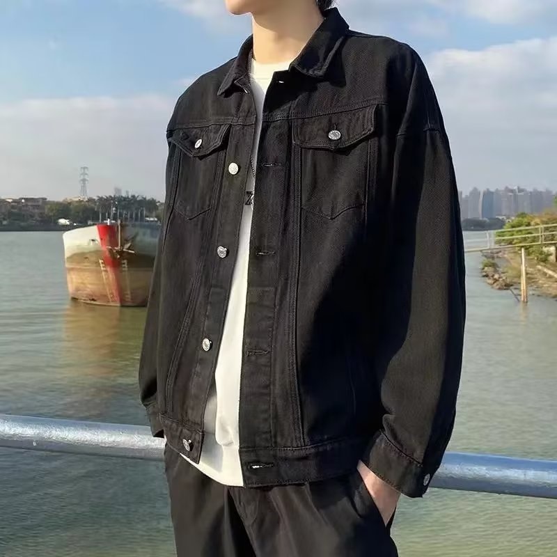 Áo Khoác Denim Màu Đen Trơn Phong Cách Nhật Bản Thời Trang Mùa Xuân Cho Nam