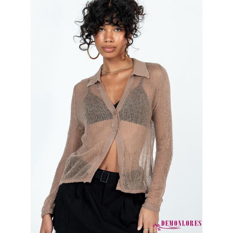 Áo Sơ Mi Tay Dài Cổ Bẻ Phối Lưới Mỏng Xuyên Thấu Thời Trang Quyến Rũ Cho Nữ Y2K