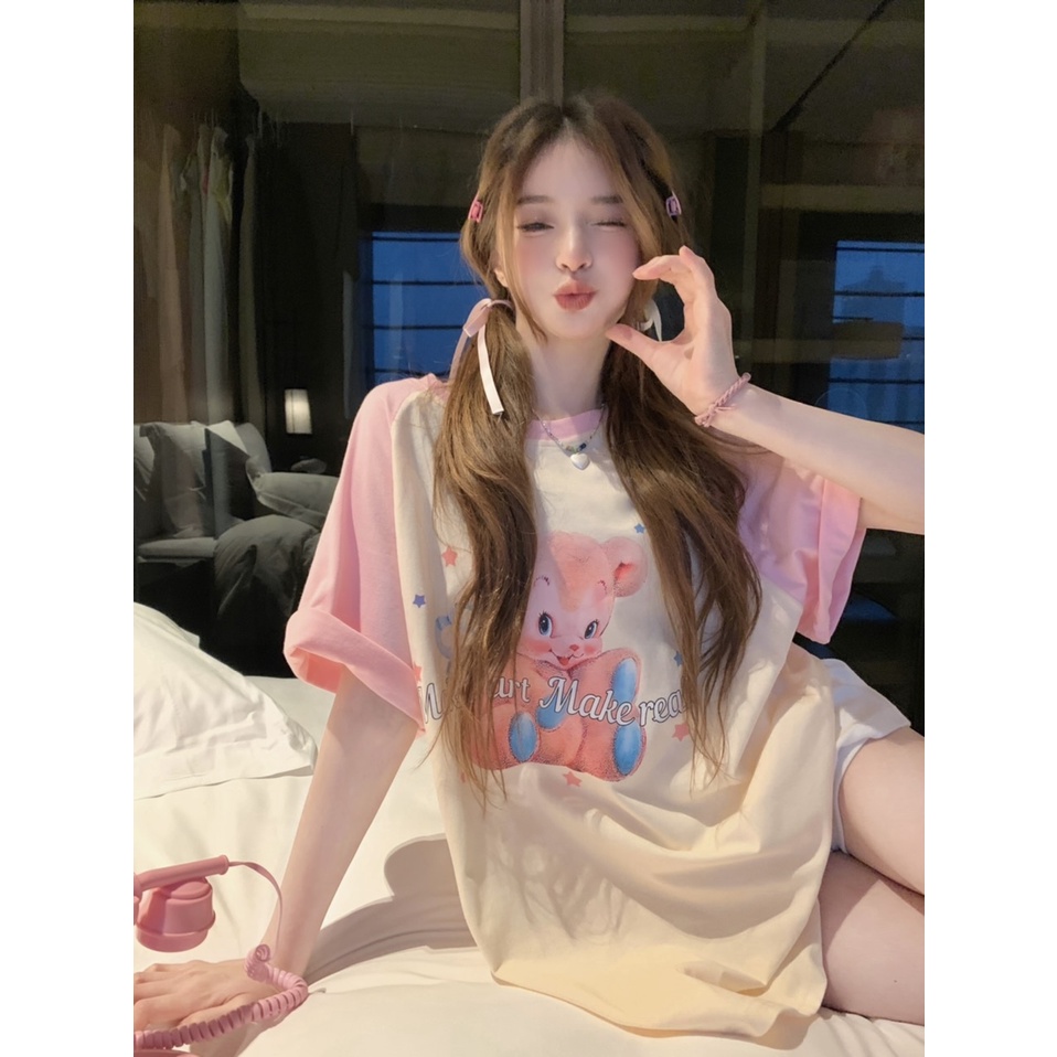 Áo Thun Tay Ngắn Cổ Tròn In Hình Gấu Dễ Thương Phong Cách vintage Dành Cho Nữ