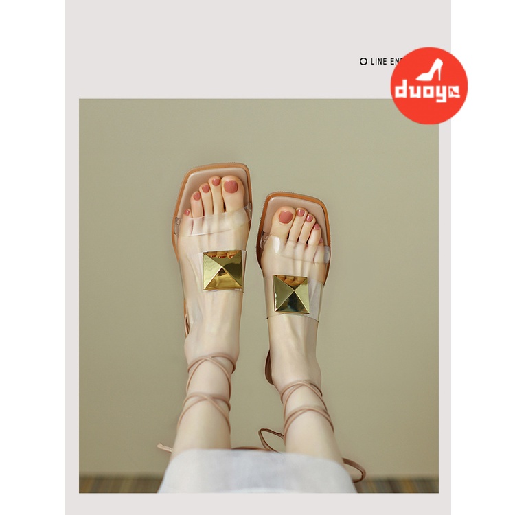 Duoya Tóc Thẳng ~ [Hàng Có Sẵn] Giày Sandal Đế Phẳng Thắt Dây Đính Đinh Tán Kim Sa Dành Cho Nữ Miễn Phí Vận Chuyển