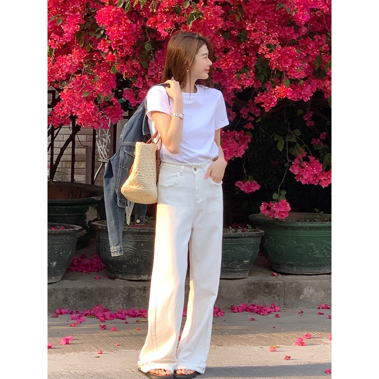 Quần jean SUXI ống rộng lưng cao viền tua rua thời trang mùa xuân cho nữ