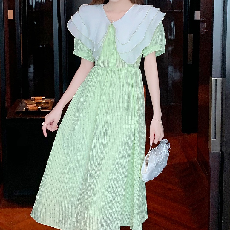 Đầm Công Chúa Màu Xanh Lá Cài Nút Tay Phồng Phong Cách Hàn Quốc Thời Trang Mùa Hè Xinh Xắn Cho Nữ