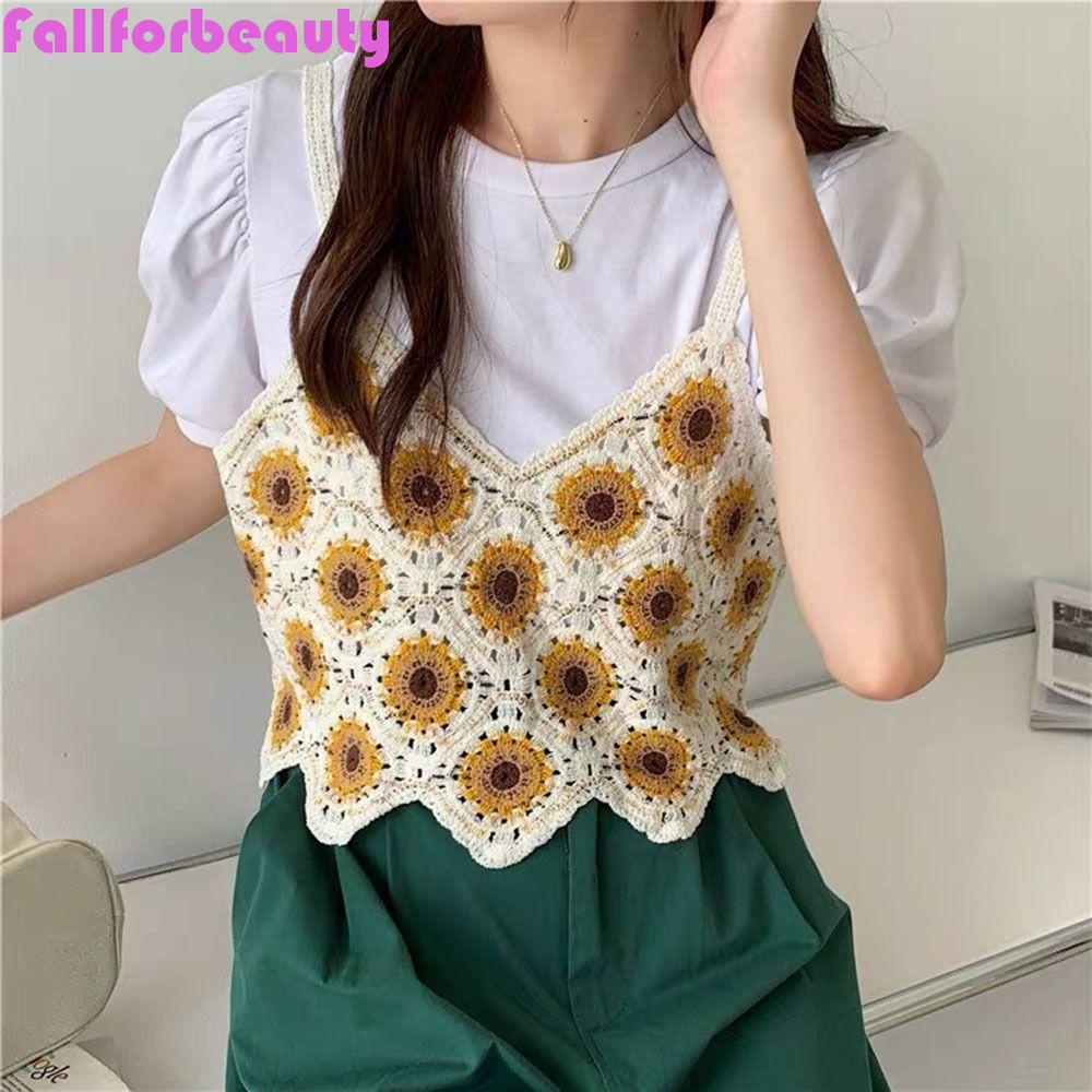 Áo Hai Dây Dệt Kim y2k Cổ Chữ V Họa Tiết Hoa Hướng Dương Thời Trang Mùa Hè Vintage