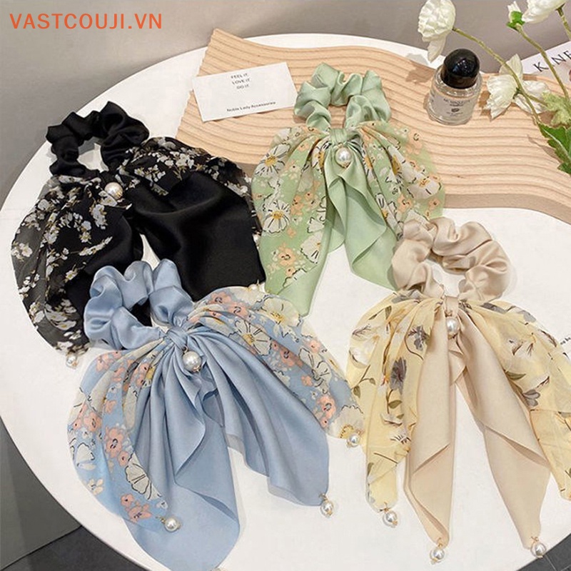 Dây Buộc Tóc Hình Nơ Đính Ngọc Trai Đơn Giản Phong Cách Hàn Quốc