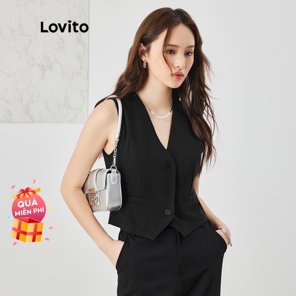Áo Lovito không tay cổ chữ V phối cúc trước màu trơn cơ bản cho nữ L47AD021 (màu đen)