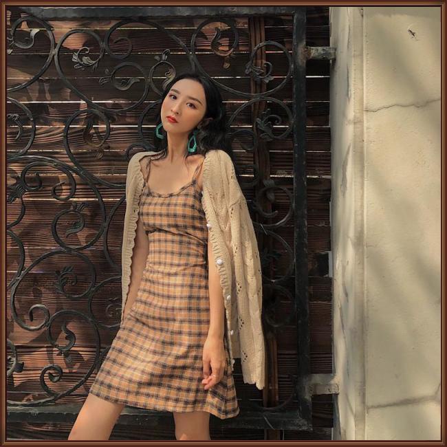 Đầm Hai Dây Dáng Chữ A Họa Tiết Sọc Caro Phong Cách Retro Thời Trang Mùa Hè Cho Nữ