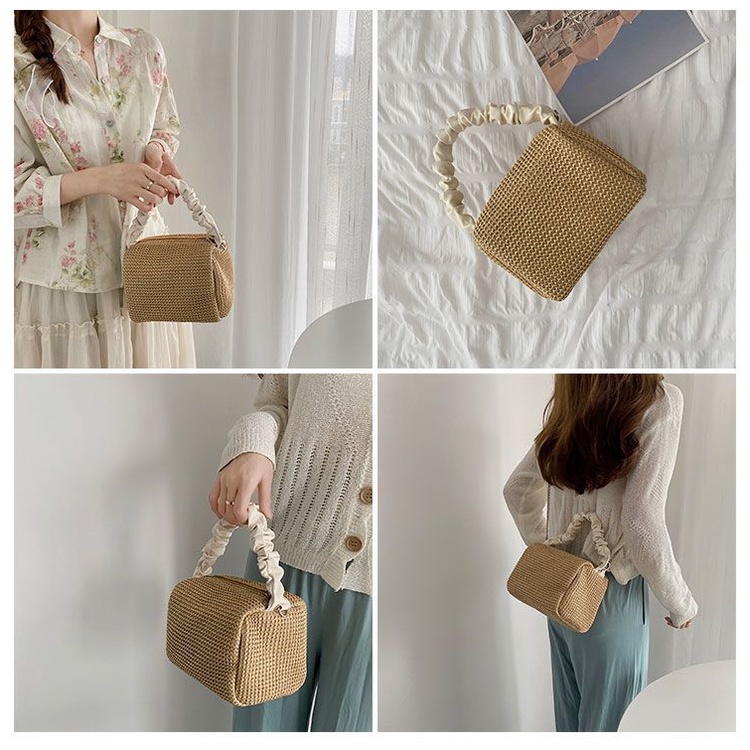 Túi Xách Đan Cói Phối Dây Xích Màu Sắc Tương Phản Phong Cách Thời Trang Pháp Dành Cho Nữ