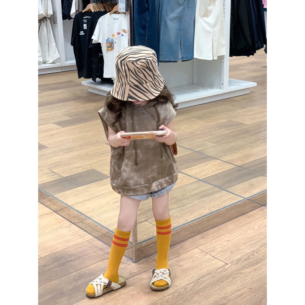 Bộ Áo Hoodie Sát Nách Phối Quần Short Denim Phong Cách Hàn Quốc Thời Trang Mùa Hè 2023 Mới Cho Bé Trai Gái