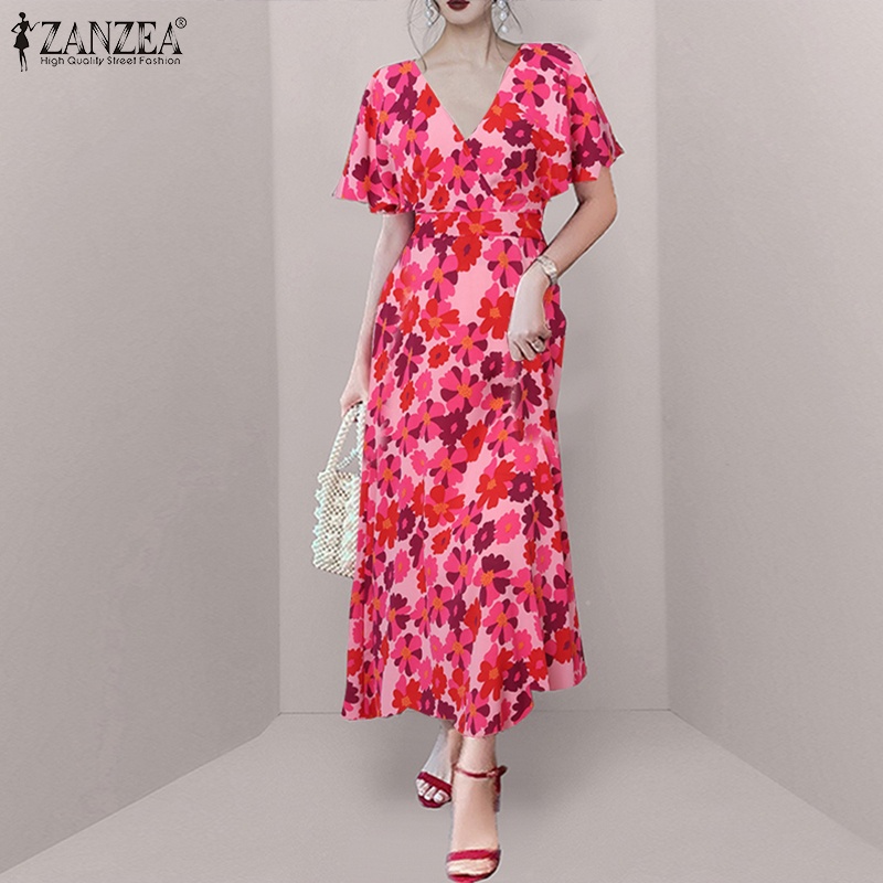 Đầm ZANZEA ngắn tay cổ chữ V in hoa thời trang cho nữ