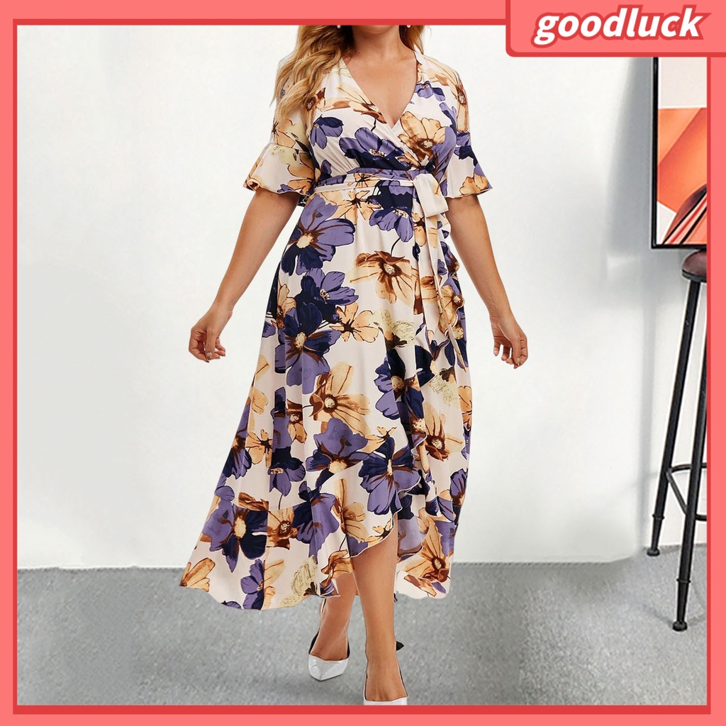 Đầm Tay Ngắn Cổ Chữ V Lưng Cao Cột Dây In Họa Tiết Hoa Phong Cách Bohemia Thời Trang Mùa Hè Cho Nữ