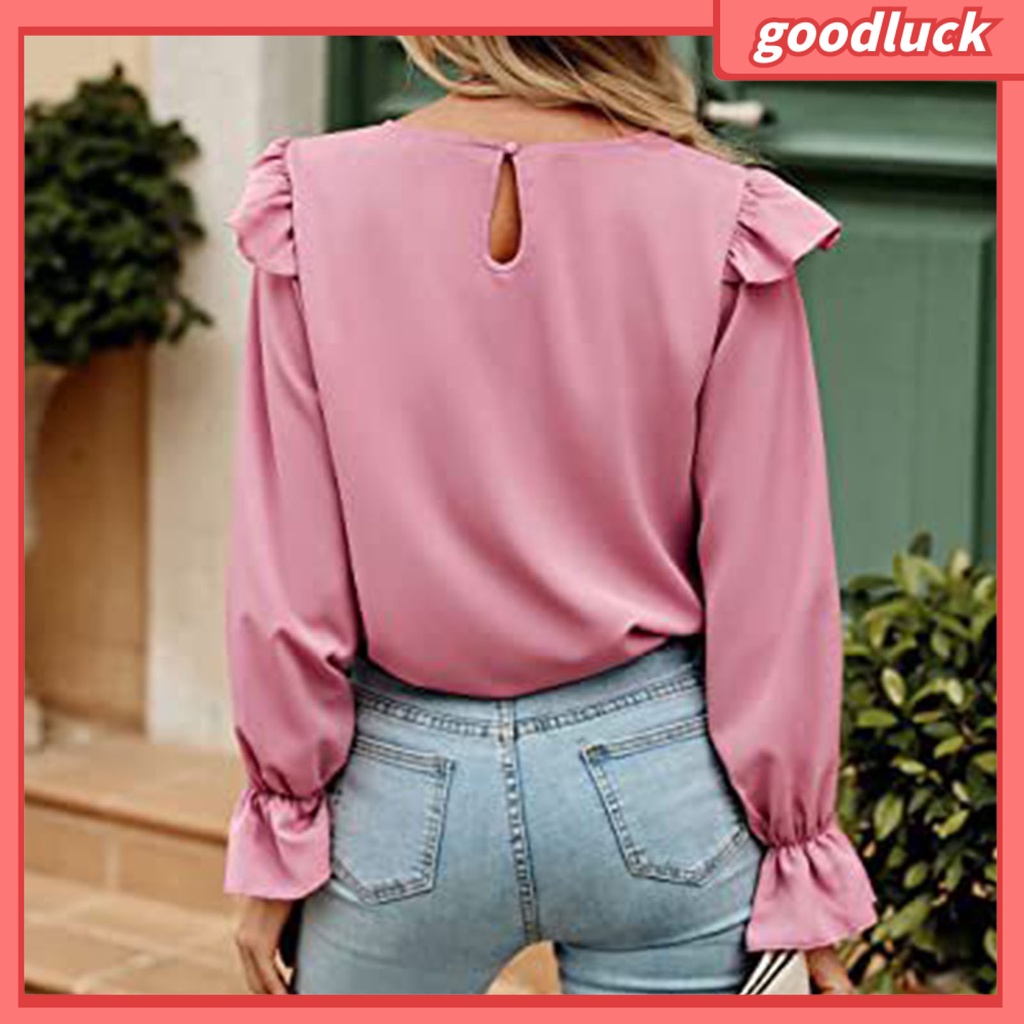 Áo Thun Tay Dài Cổ Tròn Phối Bèo Màu Sắc Trơn Phong Cách Đường Phố Thời Trang Mùa Thu Cho Nữ