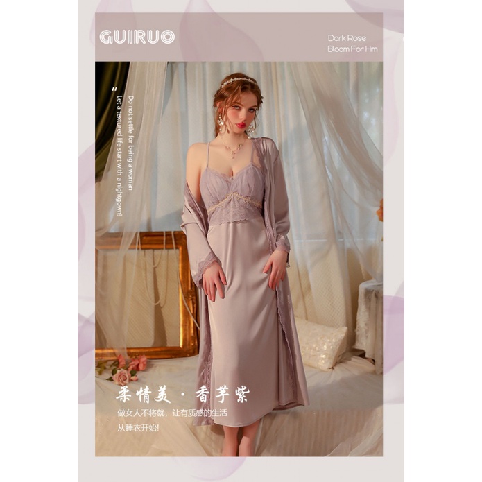 Đồ ngủ Dáng Dài Có Mút Đệm Ngực Phối Ren Và Dây Ruy Băng Màu Trơn Quyến Rũ Cho Nữ