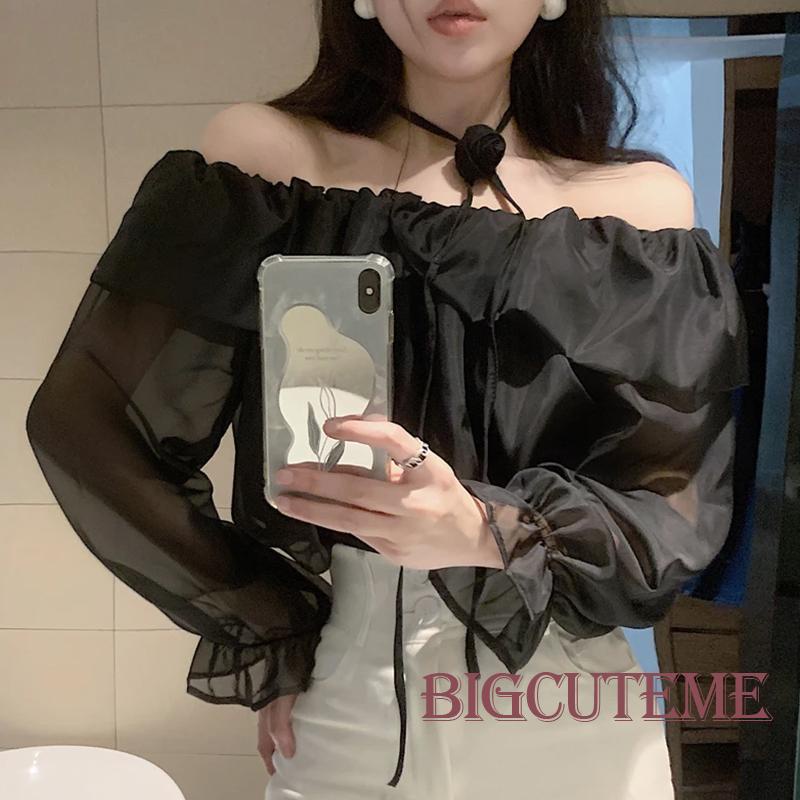 Set Áo Trễ Vai Xuyên Thấu Dài Tay + Vòng Cổ Hoa Thời Trang Dành Cho Nữ