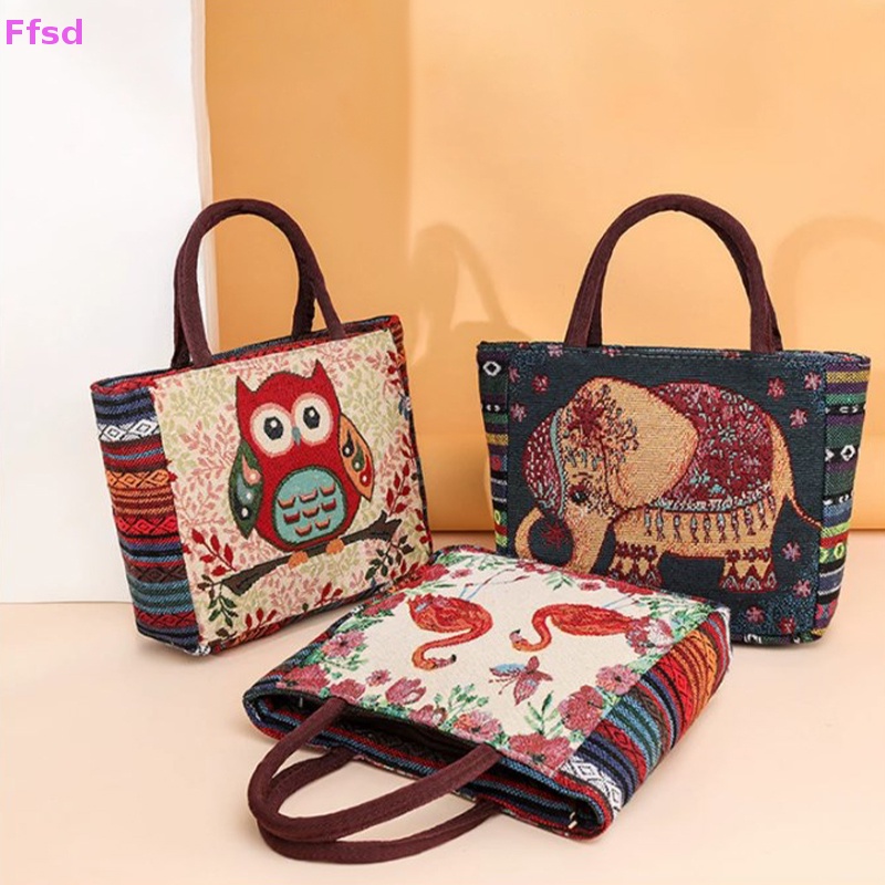 {Ffsd} Túi Xách Mua Sắm Cỡ Lớn Thêu Hình Chim Cú / Voi Cho Nữ