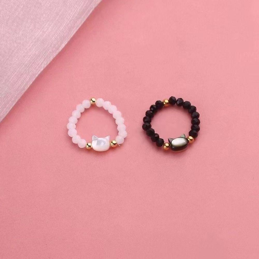 Nhẫn Cặp Đính Hạt Hình Mèo Co Giãn Độc Đáo