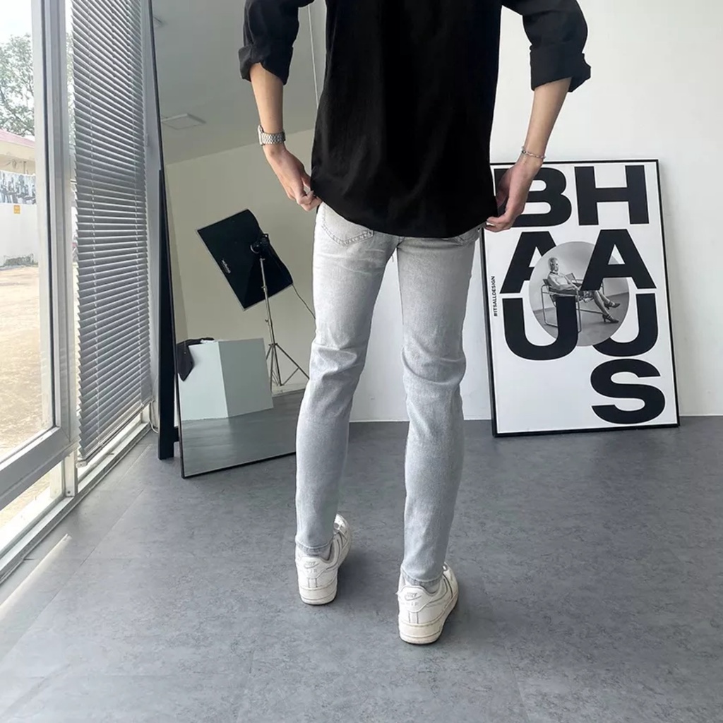 Quần jean nam rách gối màu ghi co giãn chất bò denim bạc xám mặc ôm dáng slimfit skinny Pon.mens hà nội hcm
