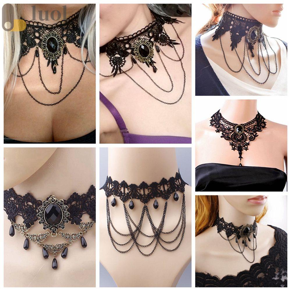 Vòng Cổ Choker Phối Ren Màu Đen Phong Cách Victorian Cổ Điển Cho Nữ