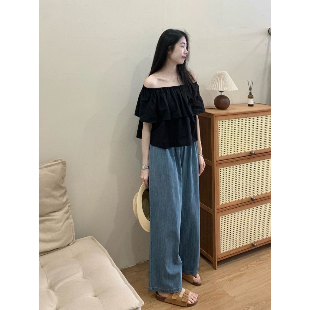 Set Áo Sơ Mi Dài Tay Cổ Bẻ + Quần jeans Lưng Cao Ống Rộng Thời Trang Hàn Cho Nữ