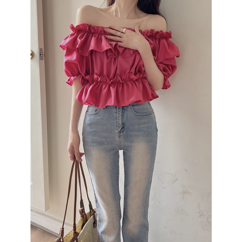 Áo Thun Màu Trơn Hở Một Bên Vai Viền Xương Cá Phong Cách niche