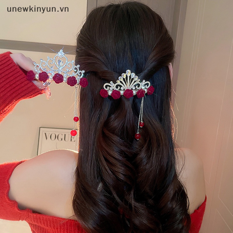 Kẹp Tóc Hình Vương Miện Đính Đá Phối Tua Rua Thời Trang Cho Nữ