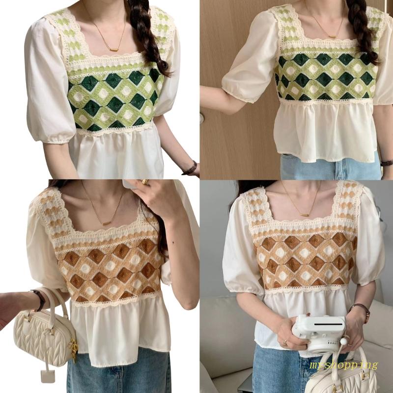 Áo Chiffon Tay Ngắn Cổ Vuông Thiết Kế Đục Lỗ Thời Trang Cho Nữ