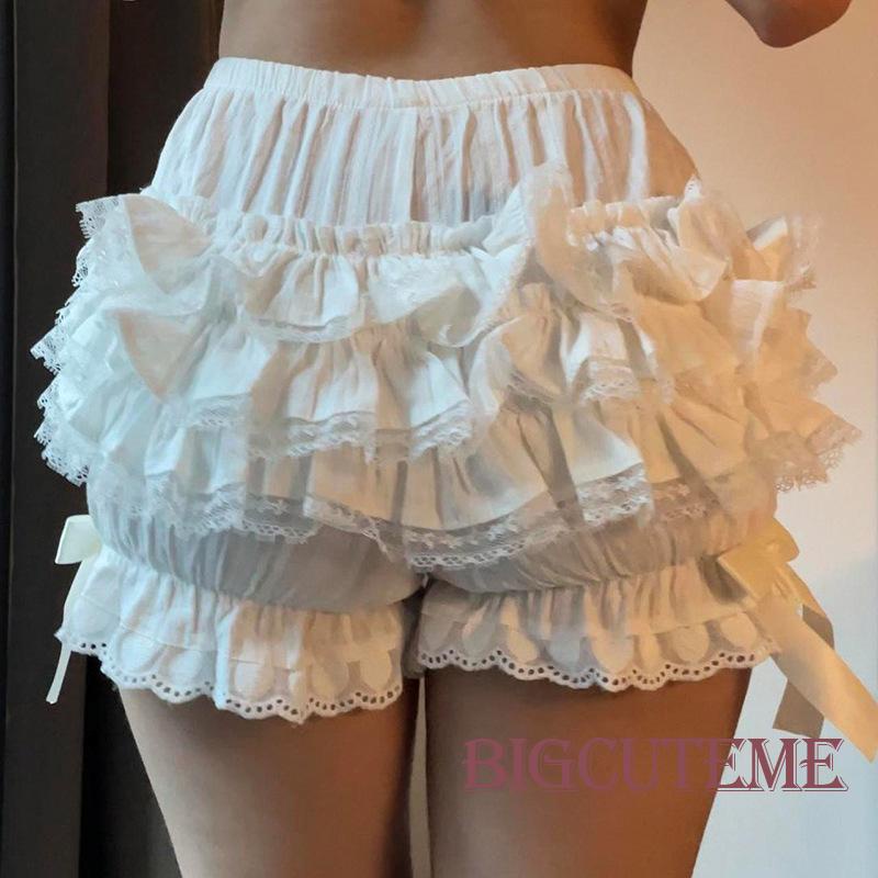 [] Quần Short Lưng Thun Phối Ren Đính Nơ Mềm Mại Thoải Mái Phong Cách Lolita