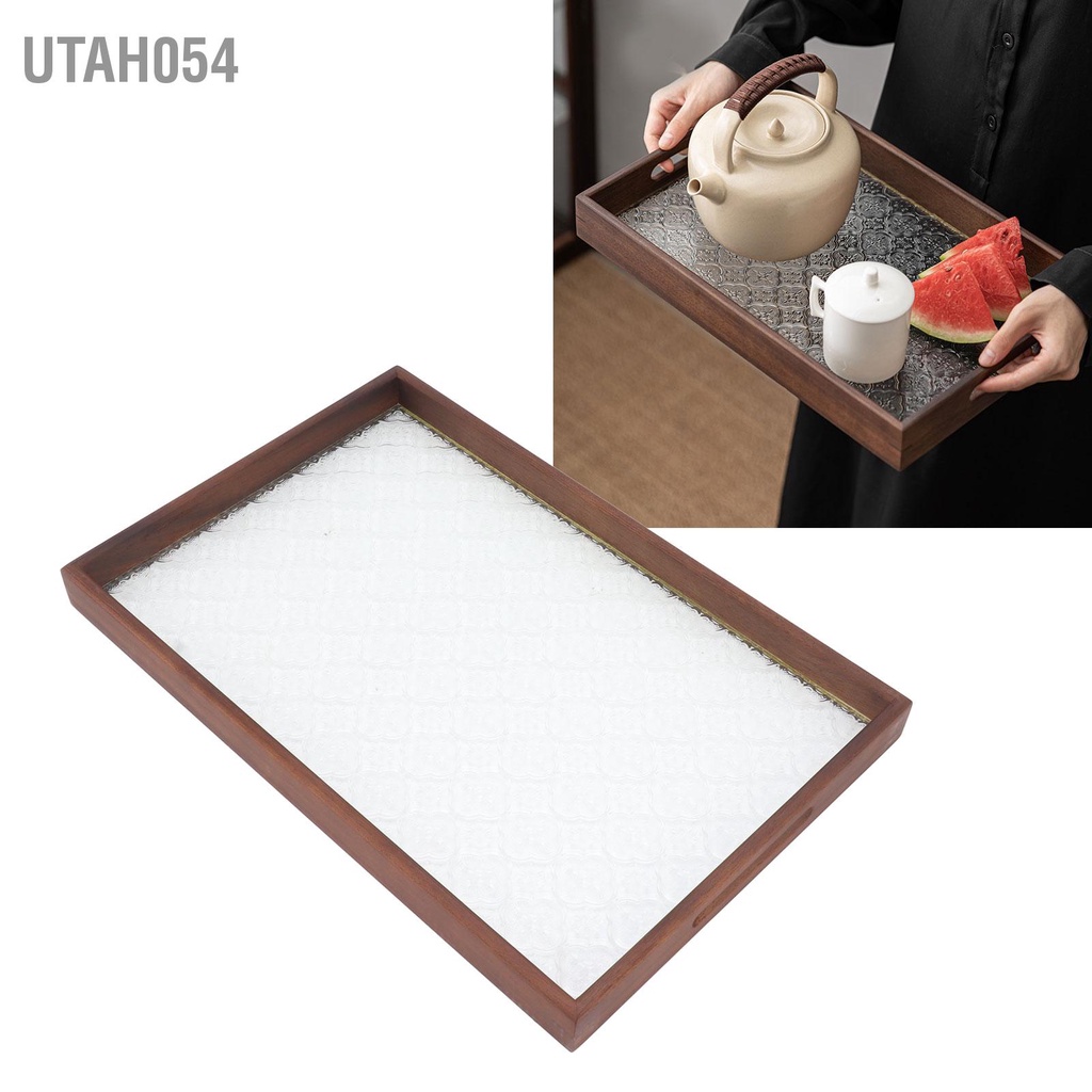 Utah054 Khay phục vụ trà hình chữ nhật thủy tinh bằng gỗ óc chó chắc chắn cho bánh mì Bữa sáng ăn nhẹ