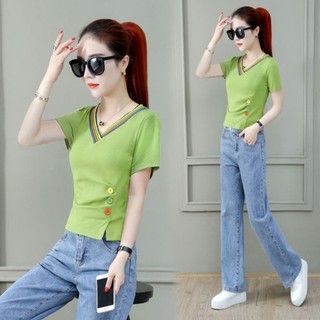 Áo thun cotton ngắn tay cổ chữ v màu trắng phong cách mới 2023 cho nữ