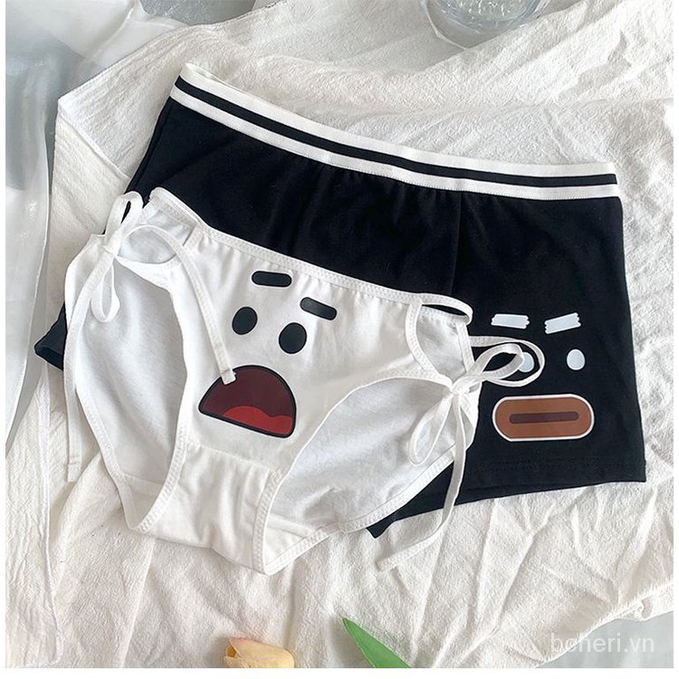 Quần Lót Cotton Màu Trắng Đen In Hình Gấu Hoạt Hình Dễ Thương Cho Cặp Đôi