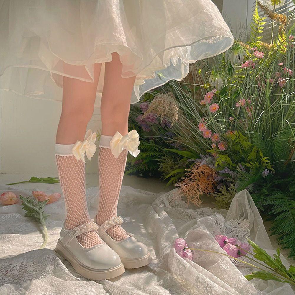 Vớ Cao Ngang Bắp Chân Màu Trơn Thắt Nơ Phong Cách Lolita Dễ Thương Thoải Mái Cho Nữ