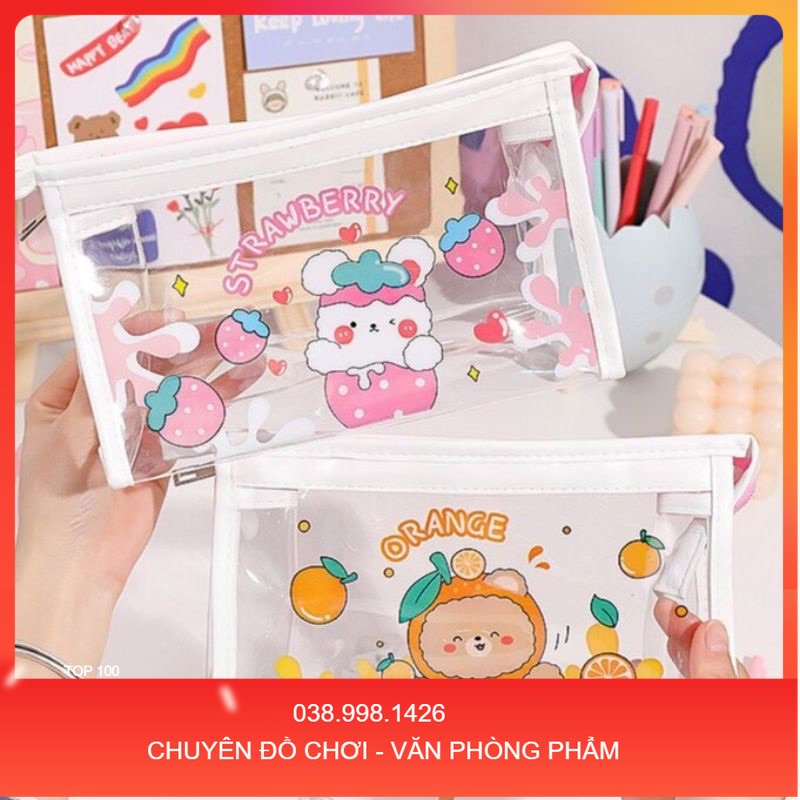 Túi Đựng Bút, Túi Đa Năng Tam Giác Trong Suốt In Hoạ Tiết Đáng Yêu _DCPT