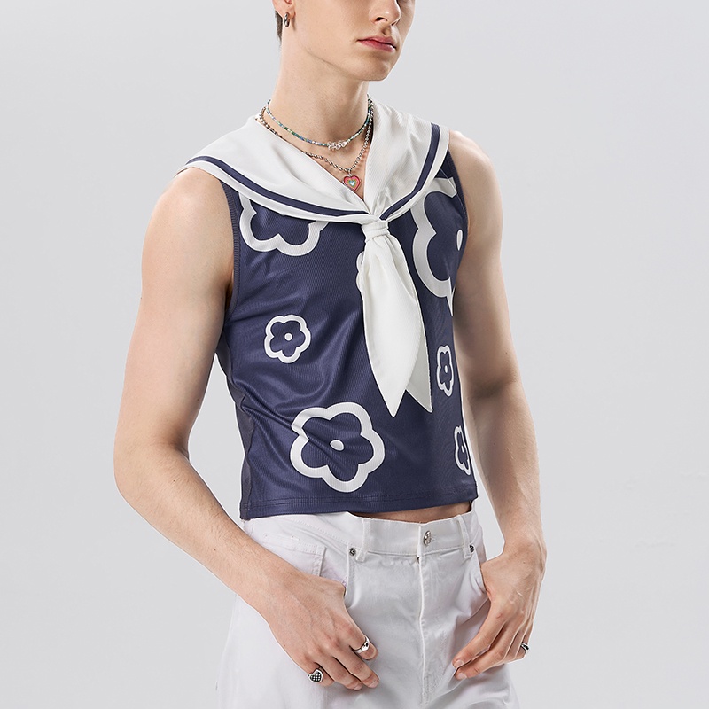 Áo Tank Top Cổ Thủy Thủ Họa Tiết Hoa Cá Tính Cho Nam