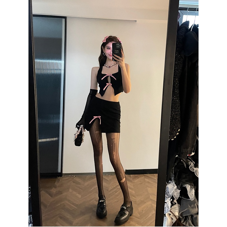 Bộ Áo Sát Nách Đính Nơ + Chân Váy Ôm Hông Quyến Rũ Cho Nữ