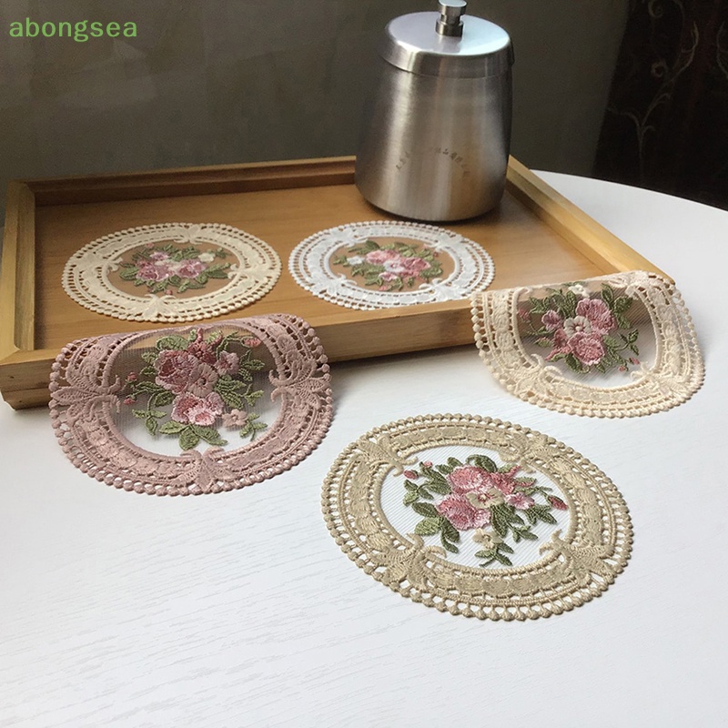 Abongsea Tấm Lót Cốc Cà Phê / Đĩa Họa Tiết Thêu Ren Kiểu Vintage Dễ Thương