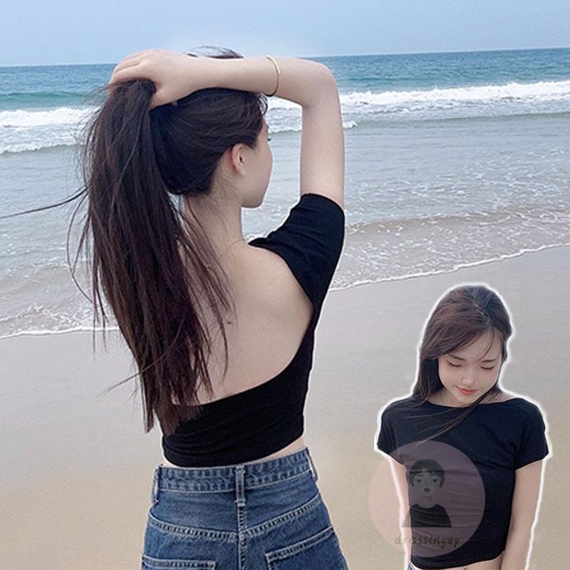 Áo Thun Tay Ngắn Cổ Tròn Hở Lưng Dáng Ôm Thời Trang Mùa Hè Cho Nữ