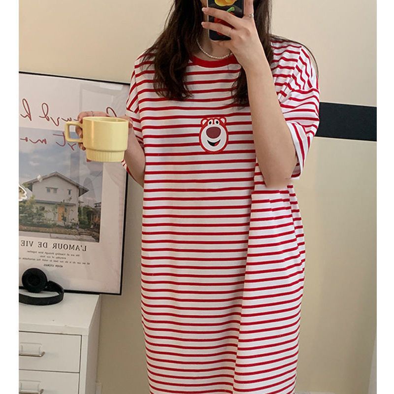 Đầm Ngủ Kẻ Sọc Dáng Rộng In Hoạt Hình Gấu Và Dâu Tây Dễ Thương Thời Trang Mùa Hè Cho Nữ