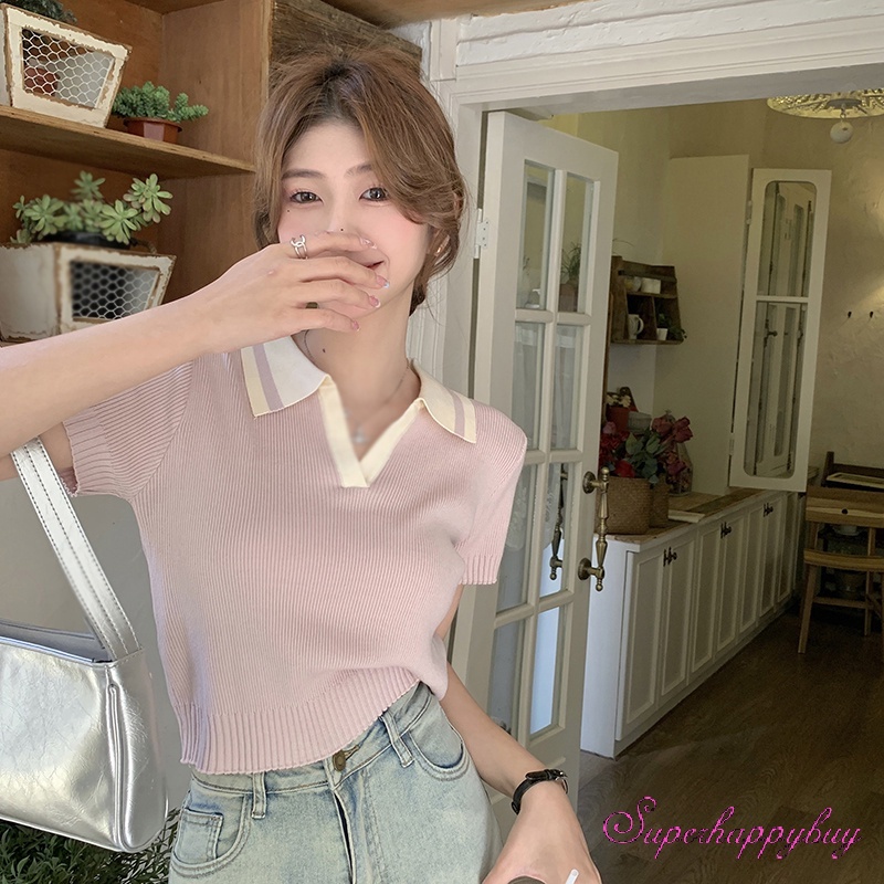 Áo Croptop Dệt Kim Tay Ngắn Cổ Bẻ Màu Sắc Tương Phản Thời Trang Cho Nữ