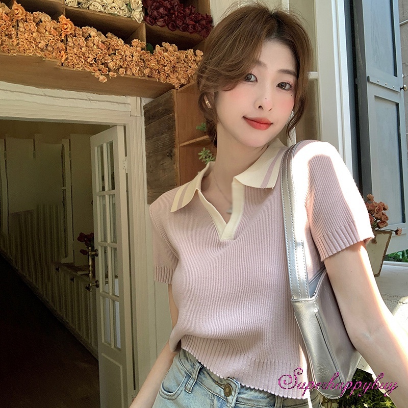 Áo Croptop Dệt Kim Tay Ngắn Cổ Bẻ Màu Sắc Tương Phản Thời Trang Cho Nữ