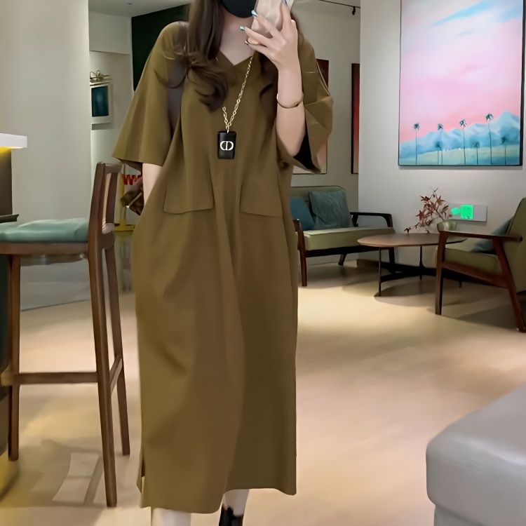 Đầm Dài Rộng Cổ Chữ V Màu Sắc Đơn Giản Dành Cho Nữ
