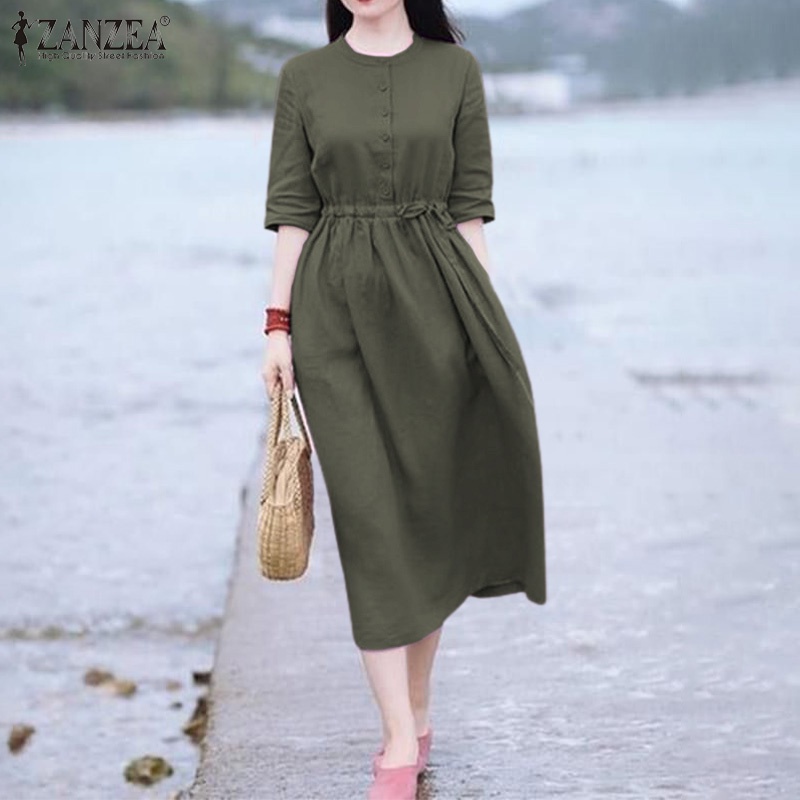 Đầm dài ZANZEA cổ tròn tay ngắn màu trơn dáng rộng phong cách Hàn Quốc thời trang cho nữ