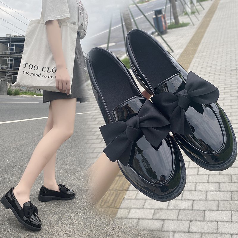 Giày Lười Da Bóng Đính Nơ Phong Cách Anh Quốc Thời Trang Cho Nữ