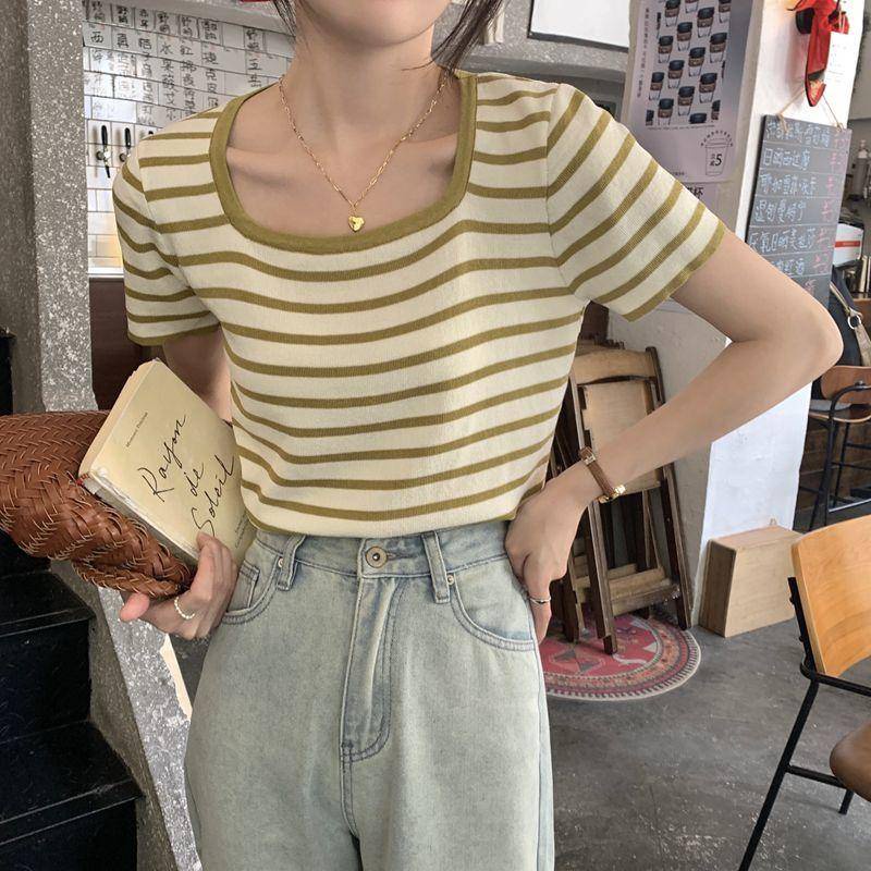 Áo Thun Dệt Kim Ngắn Cổ Vuông Họa Tiết Kẻ Sọc Thời Trang Mùa Hè 2023 Mới Cho Nữ