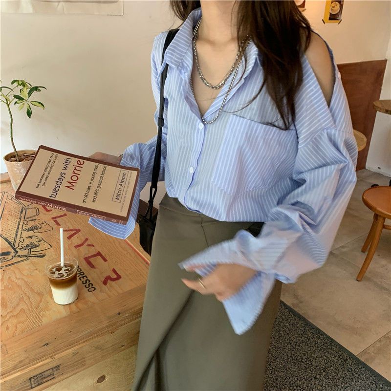 [F &amp; X] Áo Sơ Mi Tay Dài Hở Vai Dáng Rộng Họa Tiết Kẻ Sọc Xanh Dương Độc Đáo Thời Trang Mùa Xuân Mới