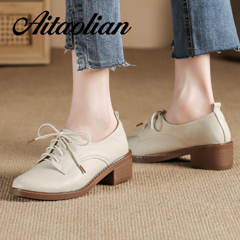 Giày Da Mềm Đế Bằng Buộc Dây 4cm Kiểu retro Cá Tính Cho Nữ Thời Trang